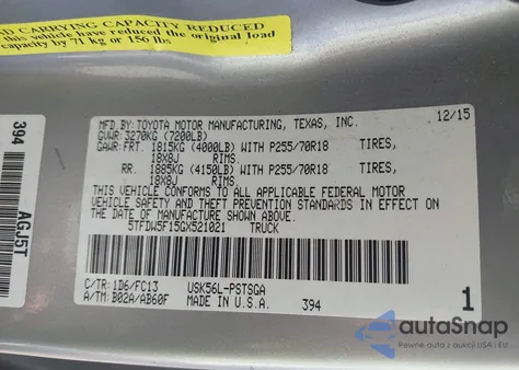 2016 Toyota Tundra Sr5 5.7L V8 from USA, damaged, VIN 5TFDW5F15GX521021